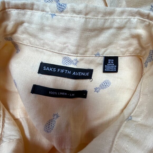 SAKS FIFTH AVENUE Mens Pineapple-Print Short Sleeve Shirt Size XL Yellow Linen - Picture 3 of 7